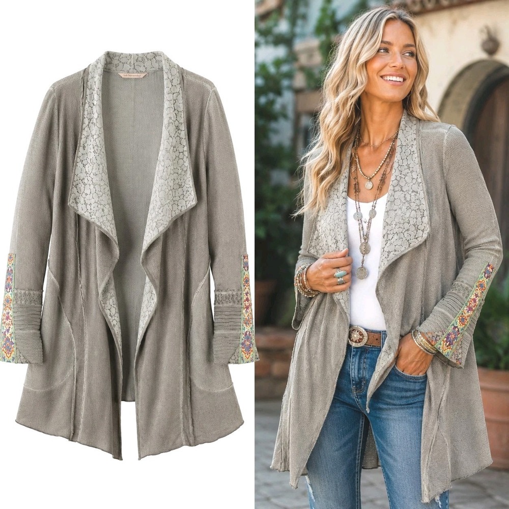Soft Surroundings Cadence Cardigan Duster M Waffle Knit Long Lace Boho Green
